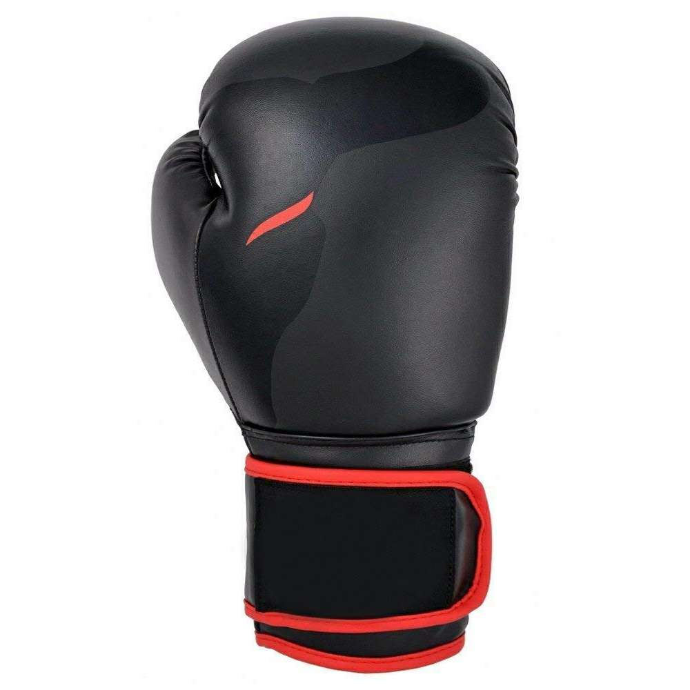 Black Boxing Gloves with Red Trim and Wraparound Wrist Strap